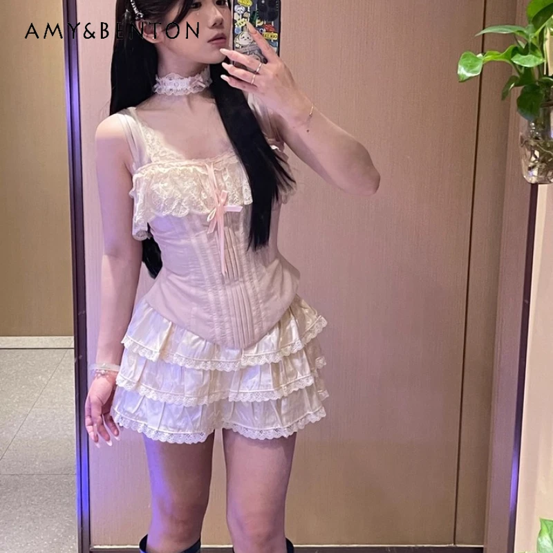 

Korean Original Design Sweet Lace Hollow Out Splicing Women's Cake Skirt Summer Cute Versatile Age-Reducing Puffy Skirts Ladies