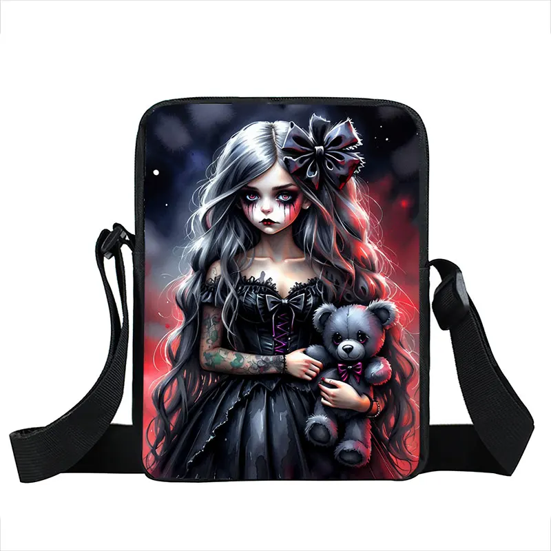 Cartoon Gothic Girl and Bear Doll Print Crossbody Bags Cool Goth Women Handbag Kids Bookbag Storage Bag Phone Holder Gift