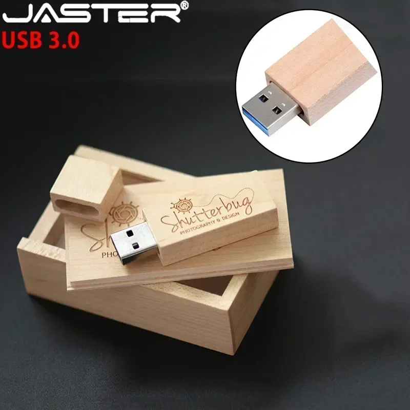 JASTER-Madeira USB 3.0 Flash Drive com Caixa De Presente, Fotografia Logotipo Do Cliente, Madeira Pendrive, Presentes De Casamento, 8GB, 16GB, 32GB,