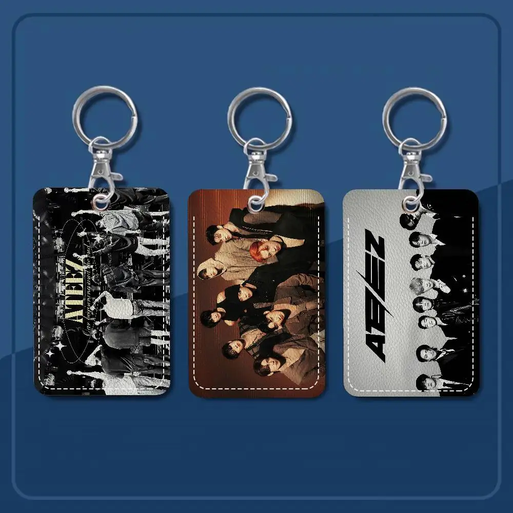 Kpop Group A-Ateez 1Pc PU Leather Card Holder Keychain Key Ring Door Lock Access Tags ID Card Case Keychain Card