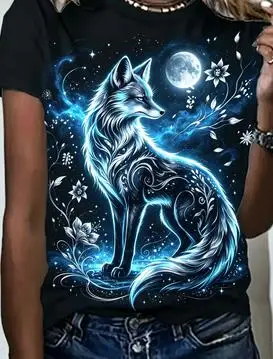 Women Mystical Moon Wolf Print T‑Shirt Purple Nebula Starry Sky Floral Scene Crew Neck Short‑Sleeve Casual Tops