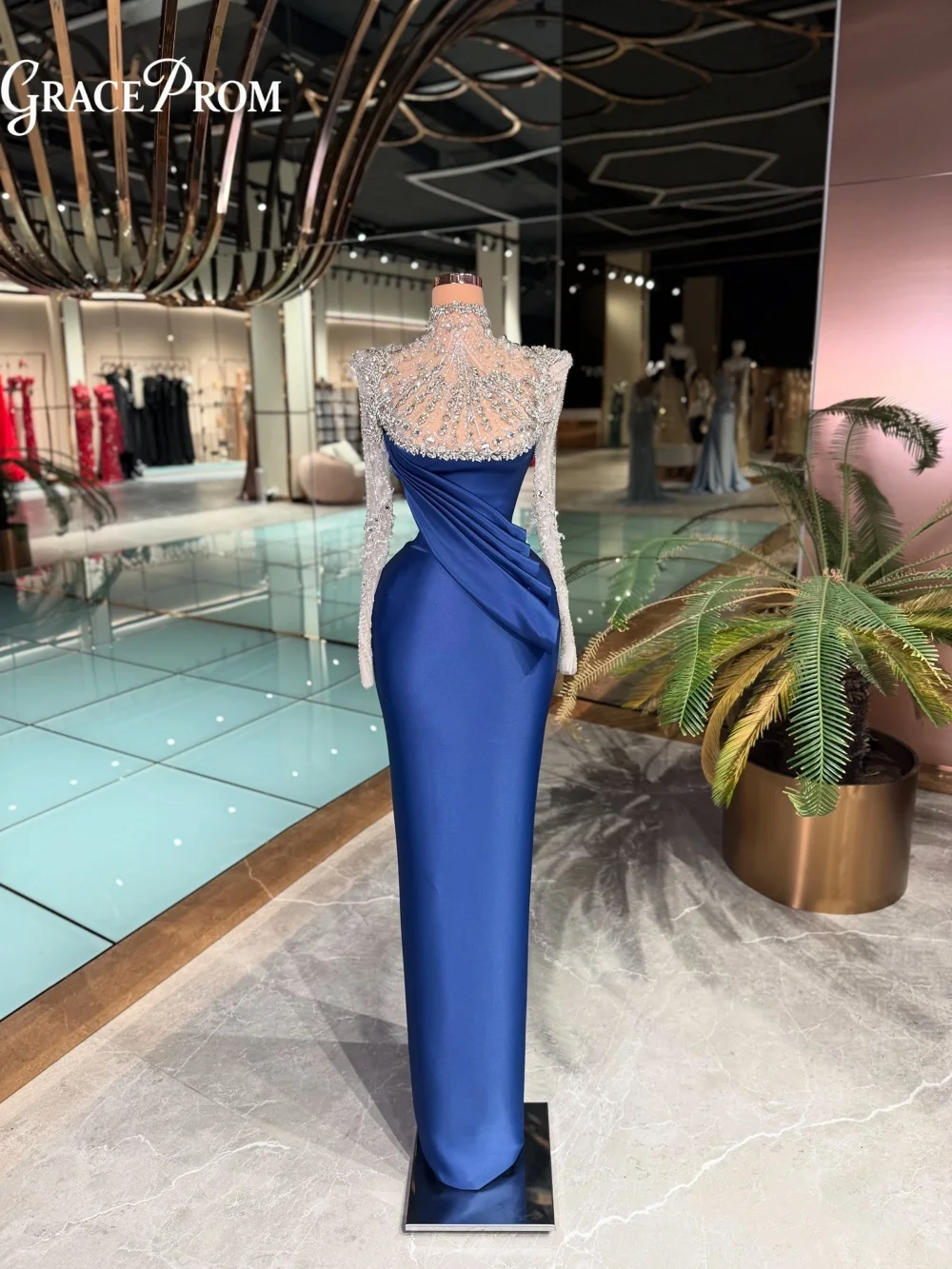 

Glamorous Royal Blue Satin Mermaid Evening Gown Opulent Sheer Crystal Beaded High Neck Party Dress Wedding Guests فساتين سهرة
