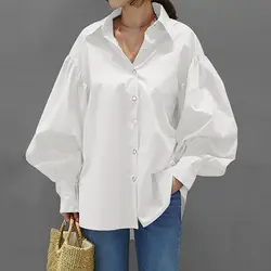 Vintage Casual Lantern Sleeve Lapel Shirt Casual Vintage Sexy Button White Blouse Women Lantern Sleeve Oversized Loose Women Shi