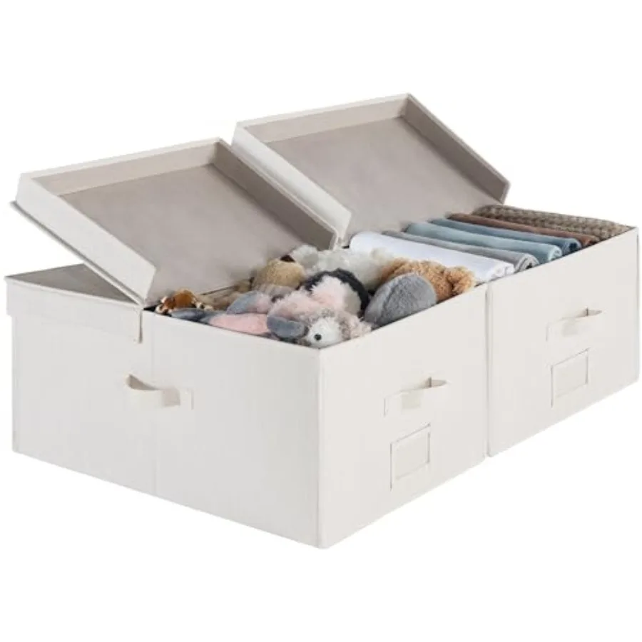 

Extra Large Storage Bins with Lids 55L Decorative Fabric Bins with Double-Open Lid and Divider Board in Beige White Ivory 2-Pac