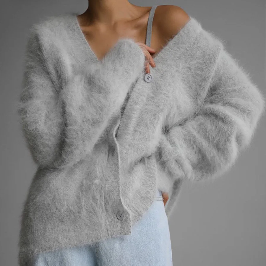 Coat Women Solid Cardigan V Neck Sweaters Coats Full Sleeve Elegant Open Stitch Loose Work Fluffy Y2k Streetwear Autumn Winter