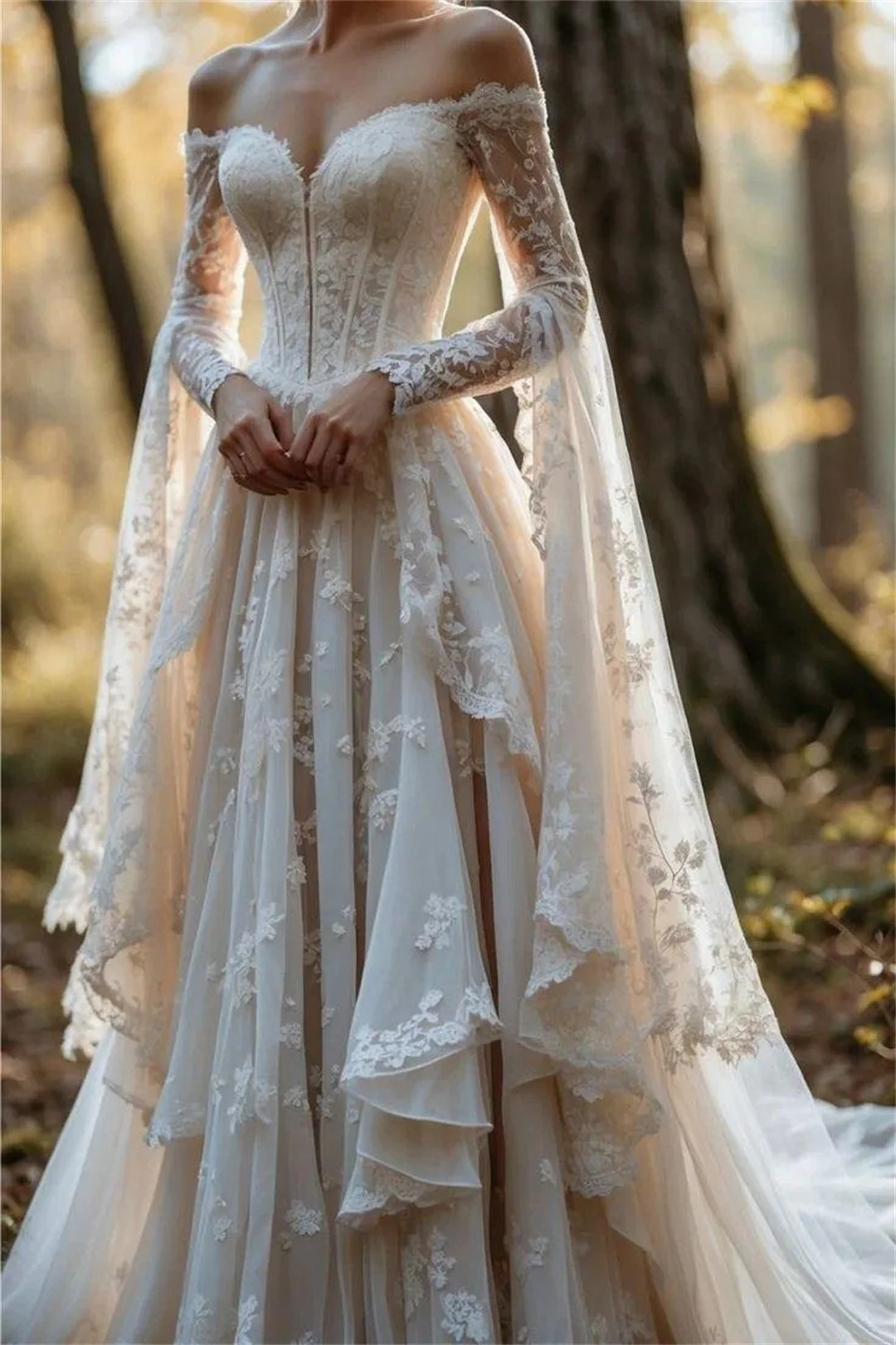 Tokyo Off Shoulder Long Sleeve Wedding Dress Lace Corset A Line Bridal Gown Fairy Forest Wedding Dress Vintage Party Gown 2026