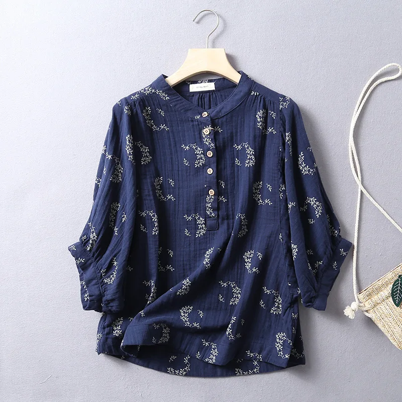 New Spring Cotton Yarn Casual Retro Shirt Women Half Sleeve Stand Neck Floral Top Girl OL Loose OL Blouse 2024 Summer T447116QM