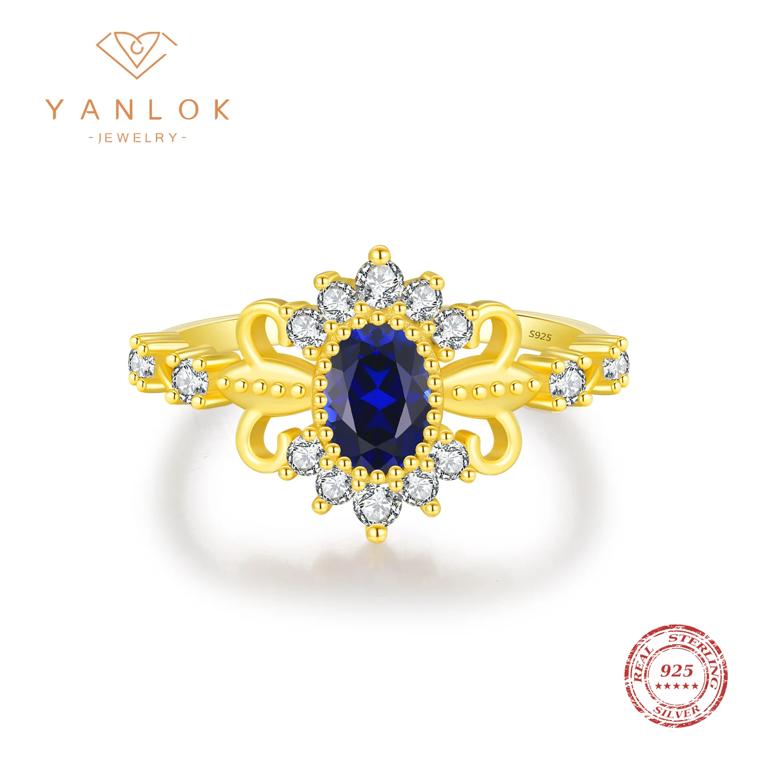 YANLOK True 925 Sterling Silver Luxury Oval Gild Crown Charm Blue Zirconia Rings For Women Fine Jewelry Accessory