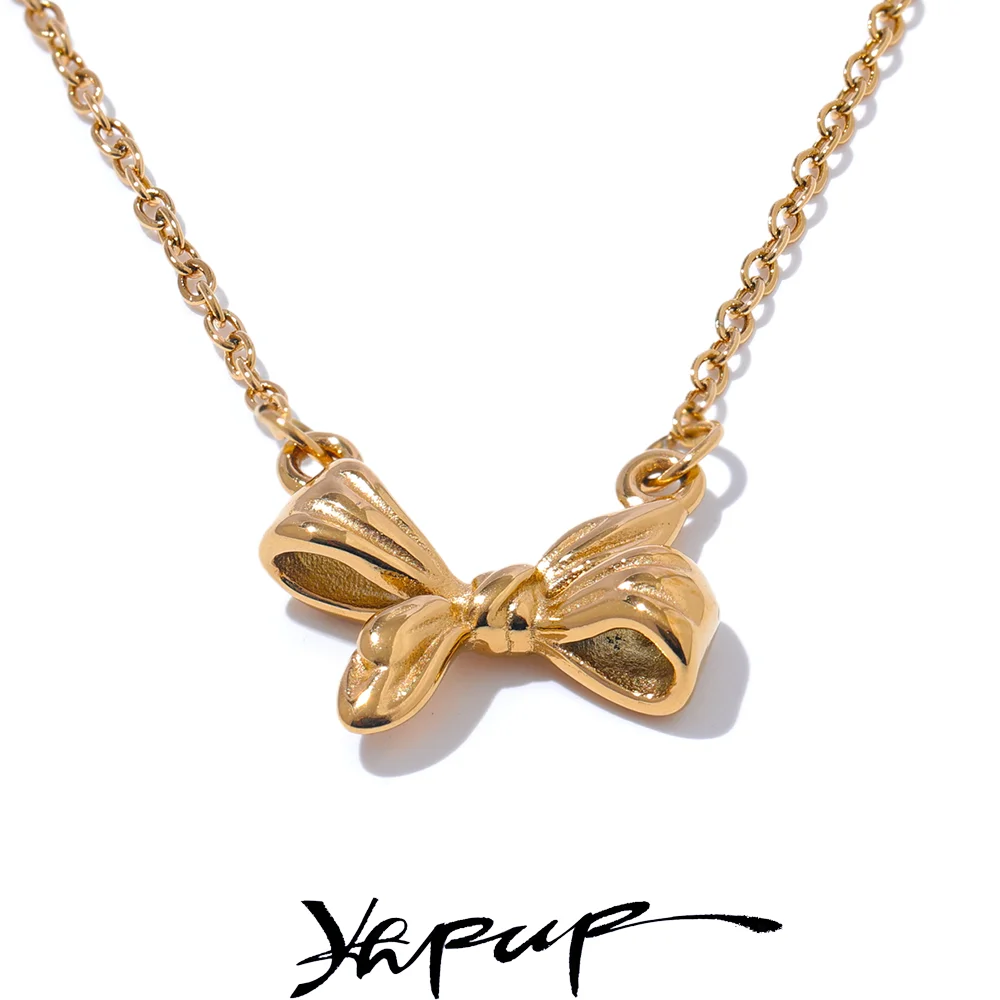 Yhpup Trending Stainless Steel Bowknot Bow Pendant Necklace Waterproof Women Chic Fashion Jewelry Gift Option Best-Selling