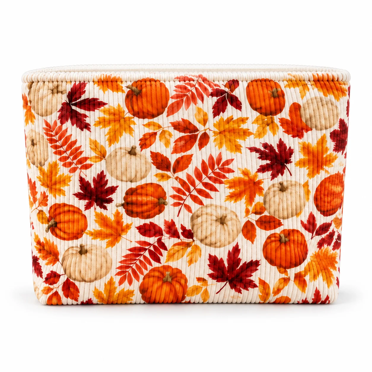 Pumpkin Leaf Print Cosmetic Bag Corduroy Soft Makeup Pouch Large Capacity Travel Toiletry Storage Organizer Case for Women