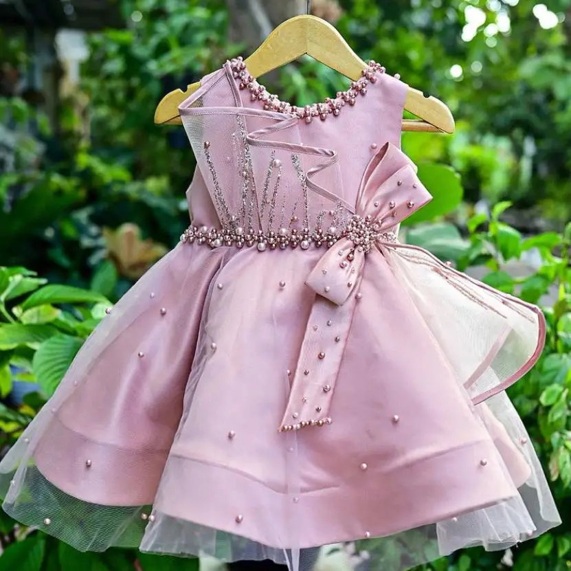 Nuovo abito da ballo per bambini fiocco perline Design senza maniche bambini passerella Host matrimonio compleanno Eid Party Girls Dresses A3601