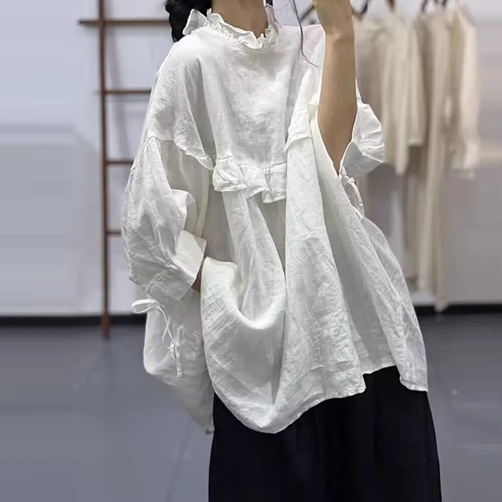 Camisa de lino de estilo bohemio, holgada, con cuello de muñeca y detalles de madera, para un look más joven y versátil, para mujer.