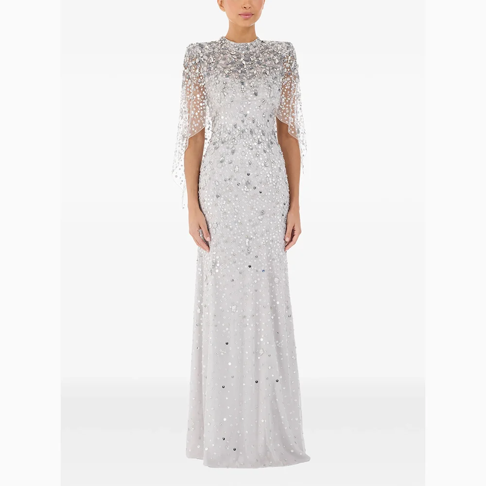 Customized  O-neck Half Slevees Evening Dresses Elegant Formal Occasion Prom Gowns Beading Straight Floor Length Prom Dress