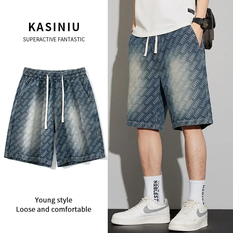 

Летние тонкие джинсовые шорты с цветочной вышивкой, мужские прямые свободные повседневные бриджи в американском стиле, из смесового полиэстера и хлопка