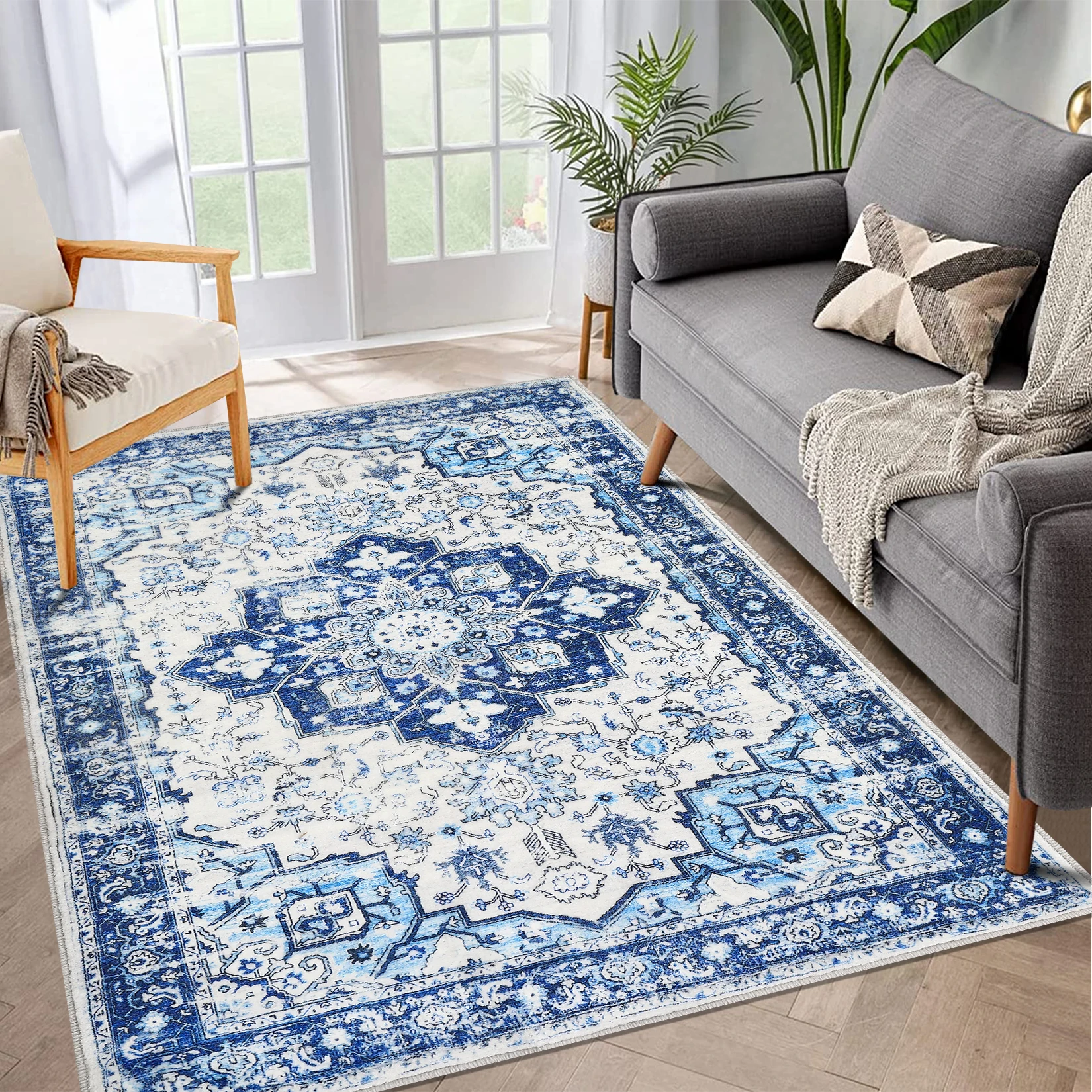 

3x5ft Entryway Rug Washable Rug Non Slip Carpet Living Room Vintage Floral Distressed Carpet Low Pile Non-Shedding Floor Cover