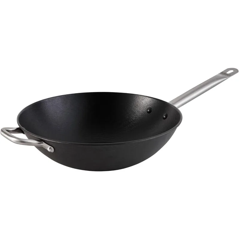 

LCI-19008 Light Cast Iron Wok Pre-Seasoned Non-Stick with Stainless Steel Handles, 14", Black