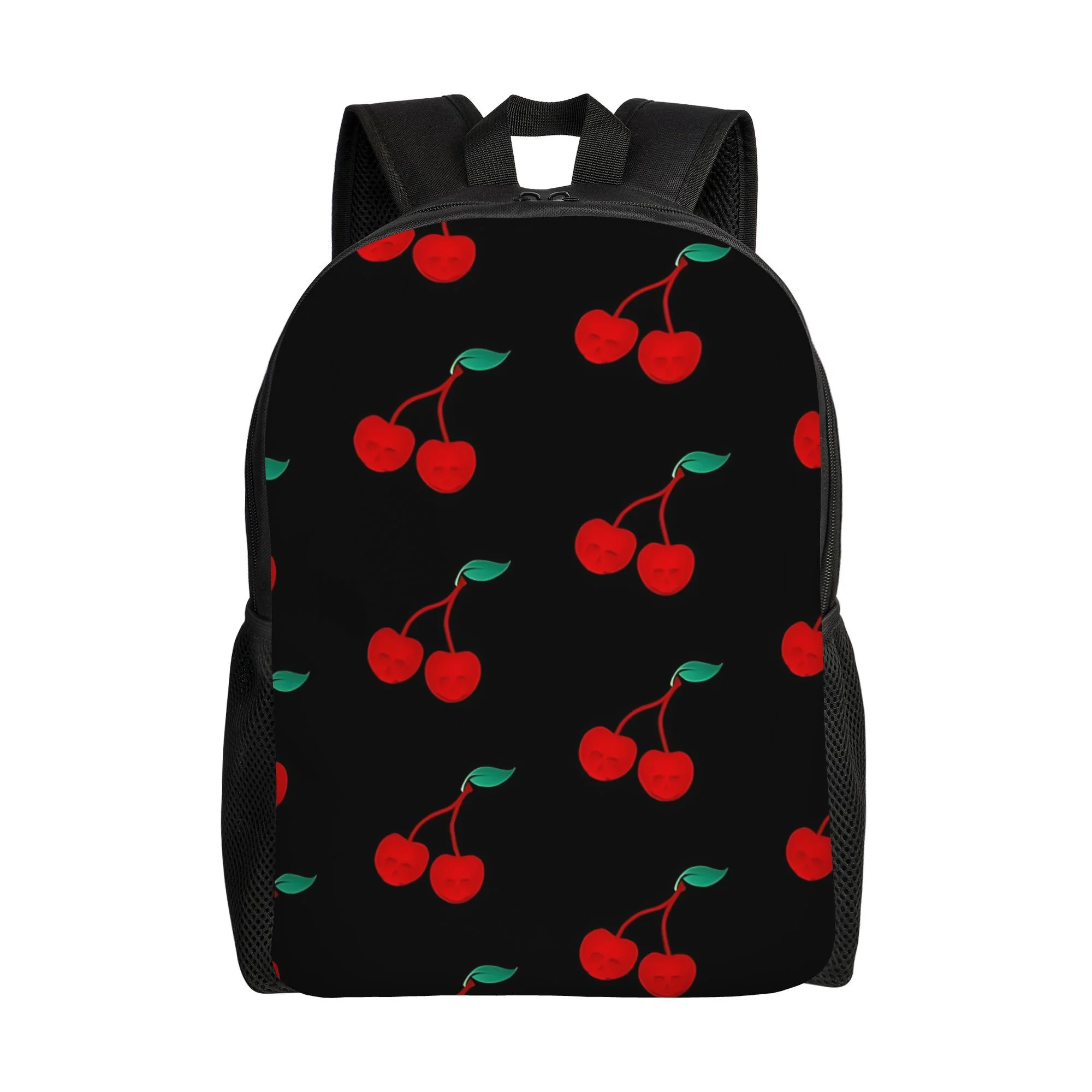 

Black Cherry Printed Backpack with Red Cherries and Green Leaves - Adjustable Shoulder Strap with Red Zipper Trim