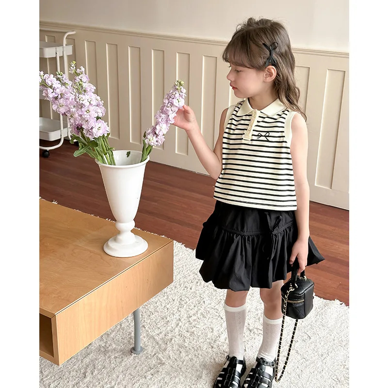 2024 Summer Girls 2-10 Years Casual Stripe Sleeveless T-shirts Kids Vest