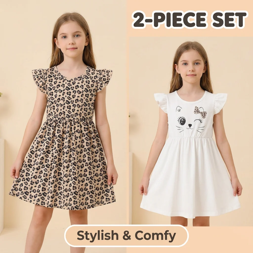 Girl's 2 Pack Dresses Leopard Print Cat Graphic Ruffle Sleeve A Line 7-14Y All Seasons School Daily Casual Cute Kids Clothing