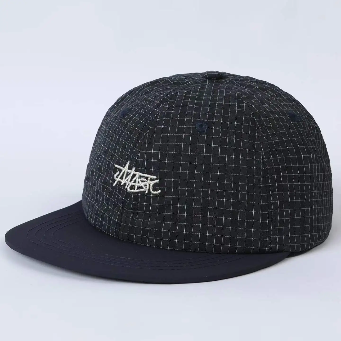 Checkered contrast embroidery handwritten lettering quick-drying flat-brim baseball cap for casual style, suitable for walking.