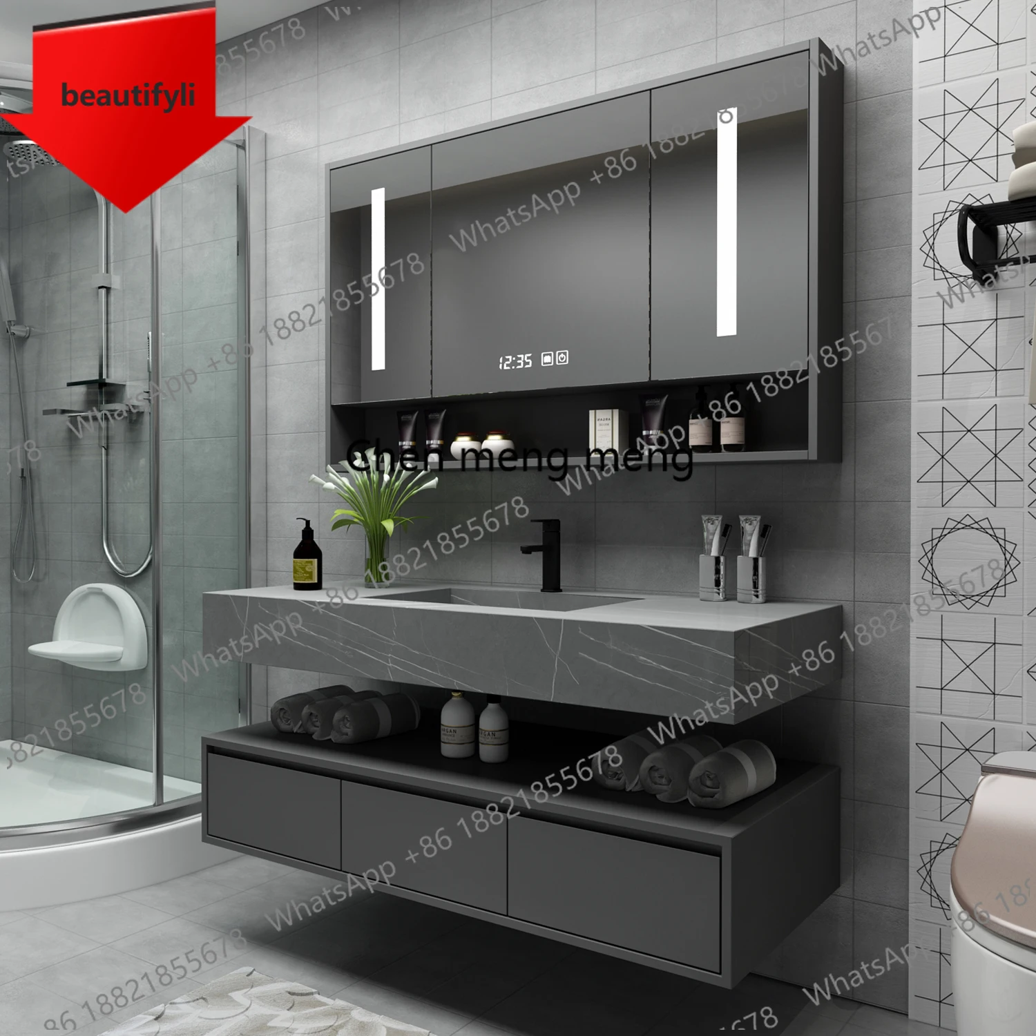 

Комплект мебели для ванной комнаты A50: современный деревянный шкафчик с зеркалом, готовый сборный комплект, маленький, черный, 40-60 дюймов, подвесная тумба