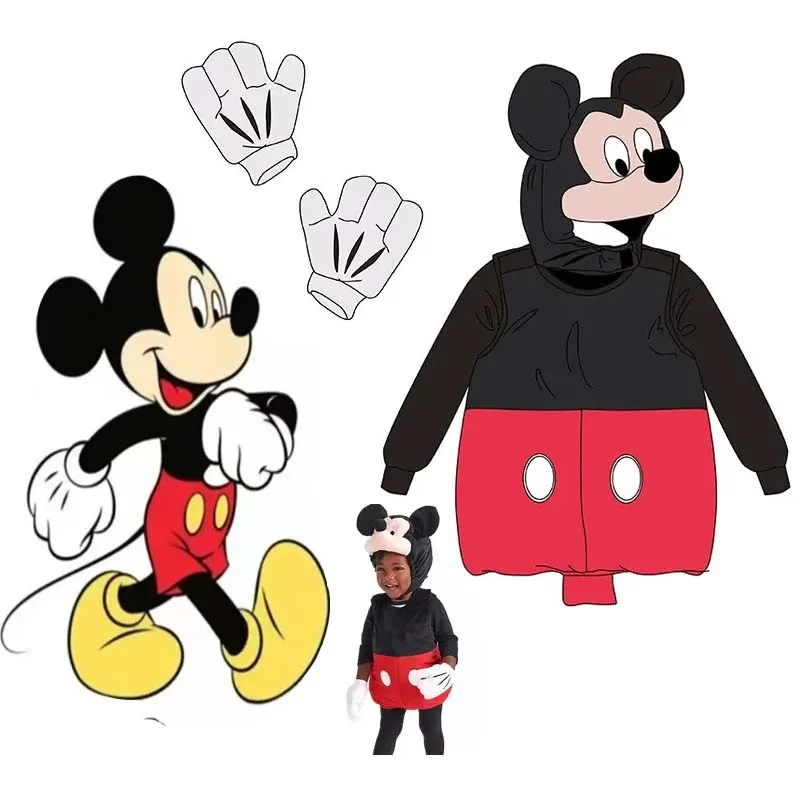 

2024 New Halloween Costume Cute Disney Mickey Mouse Cosplay Performance Clothes with Gloves and Hat Kids Birthday Gift