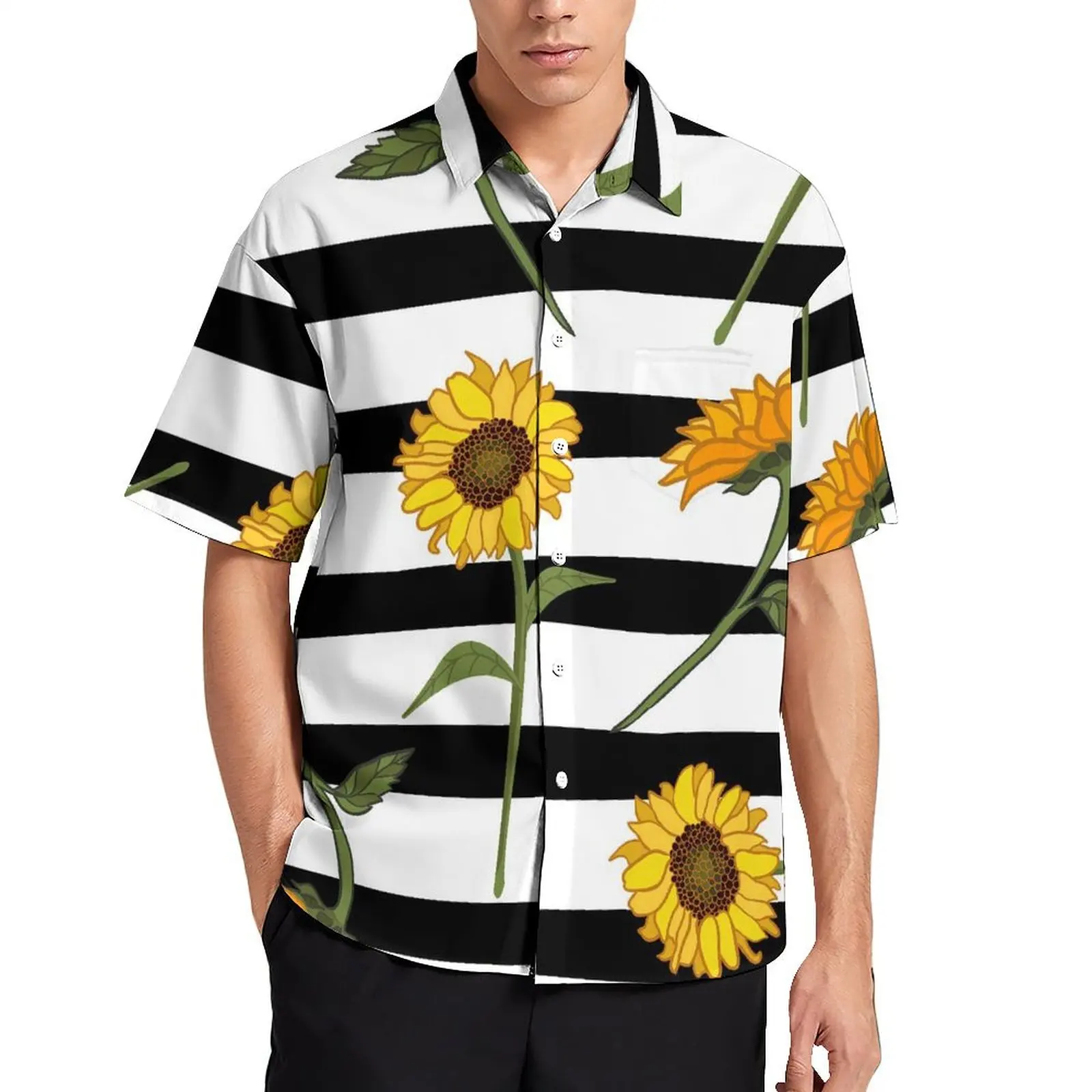 

Abstract Sunflower Beach Shirt Striped Print Hawaiian Casual Shirts Mens Vintage Blouses Short Sleeve Stylish Graphic Clothes