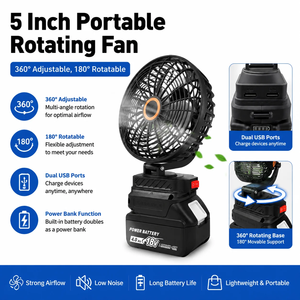 5-Inch Rotating Fan (Milwaukee/DeWalt Battery Compatible) – Suitable for Outdoor Camping, Job Sites, and Offices