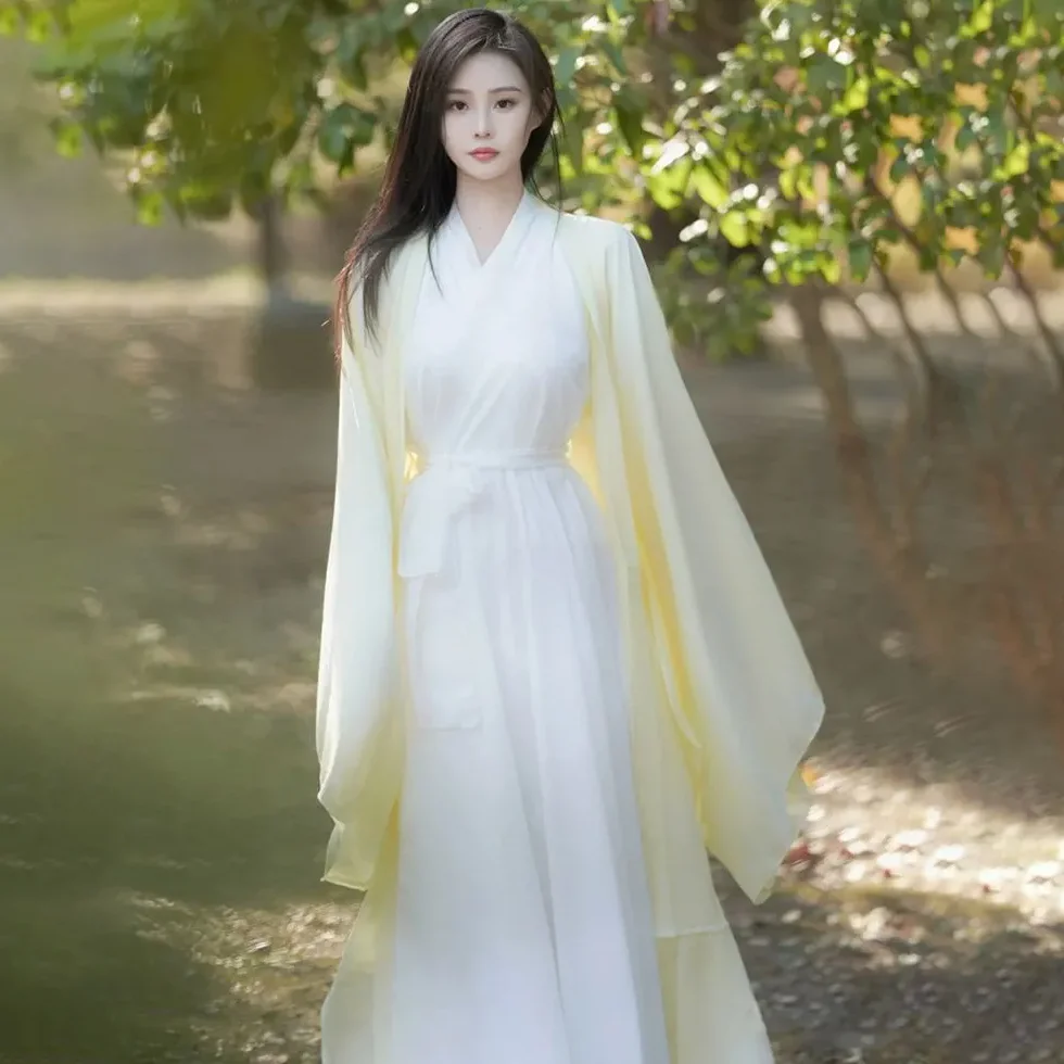 

Древние комплекты костюмов Hanfu, женский выпускной танцевальный костюм, рубашка с большим рукавом и прямым воротником, юбка Wei Super Immortal, античная