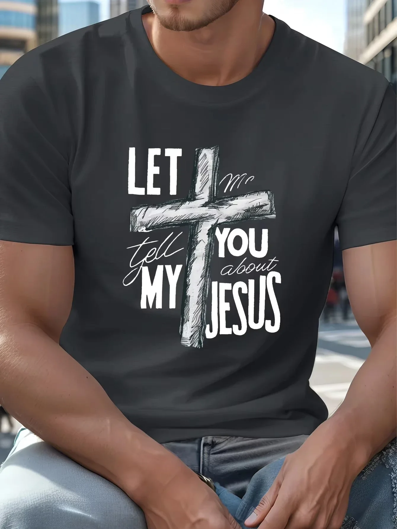 Fashion Men Let Me Tell You About My Jesus Cross Graphic T-Shirt Christian Faith Religious Quote Print Short Sleeve Casual Tops