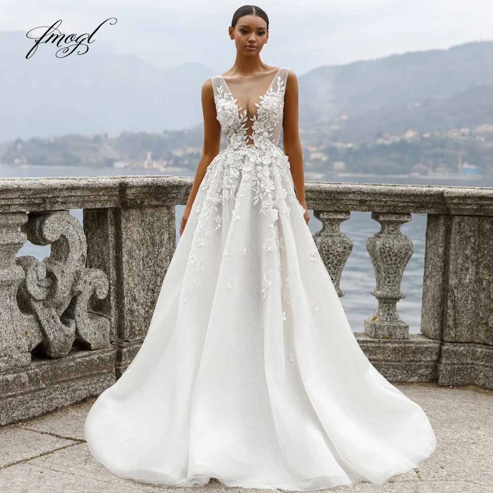 

Fmogl сексуальные кружевные винтажные Свадебные платья с иллюзией и цветами Изысканные с V-образным вырезом аппликации из бисера со шлейфом ТРАПЕЦИЕВИДНОЕ свадебное платье