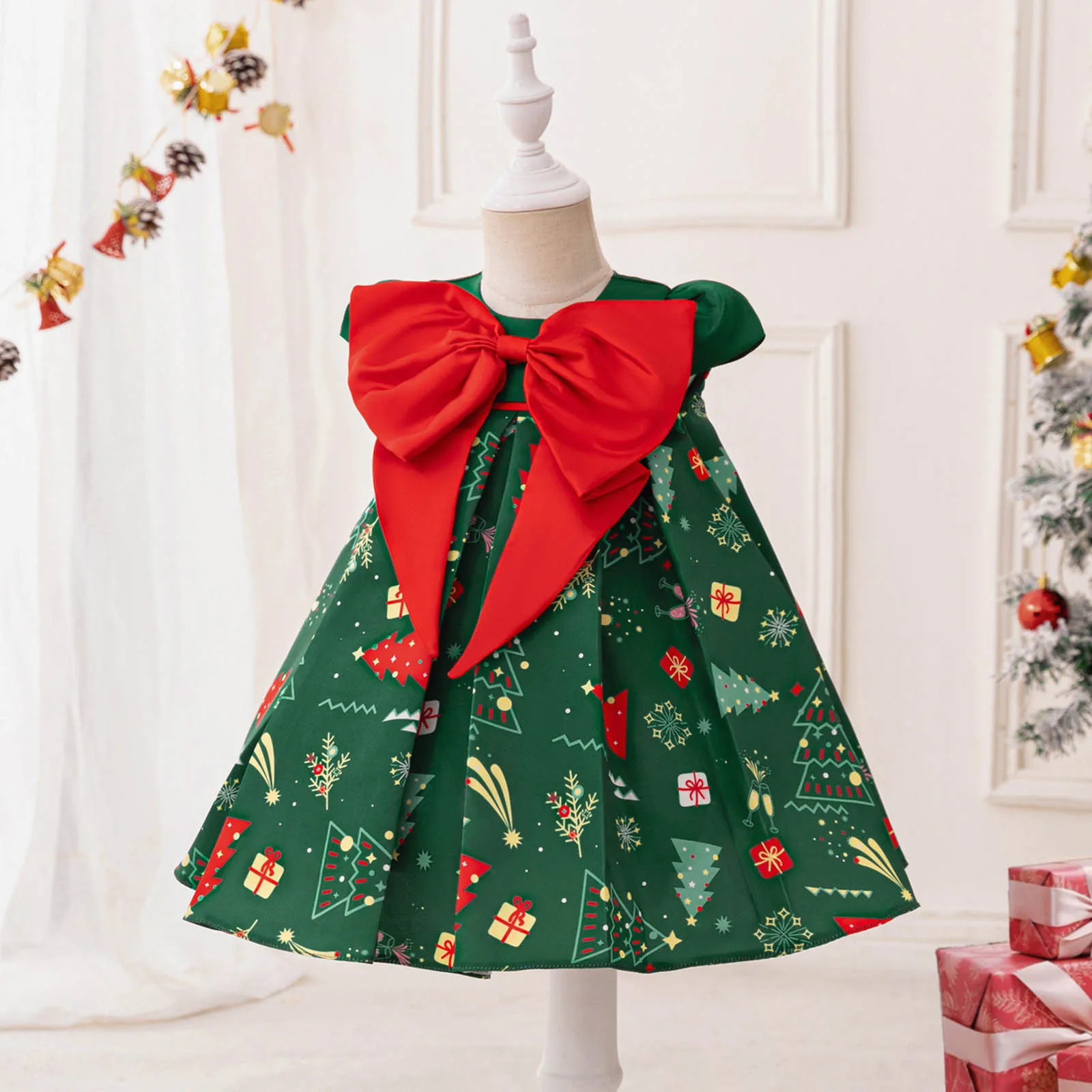 0-3 Years Infants Baby Girl Christmas Costume Red Bow Christmas Tree Modeling Prom Performance Dress Newborn Kids Princess Dress