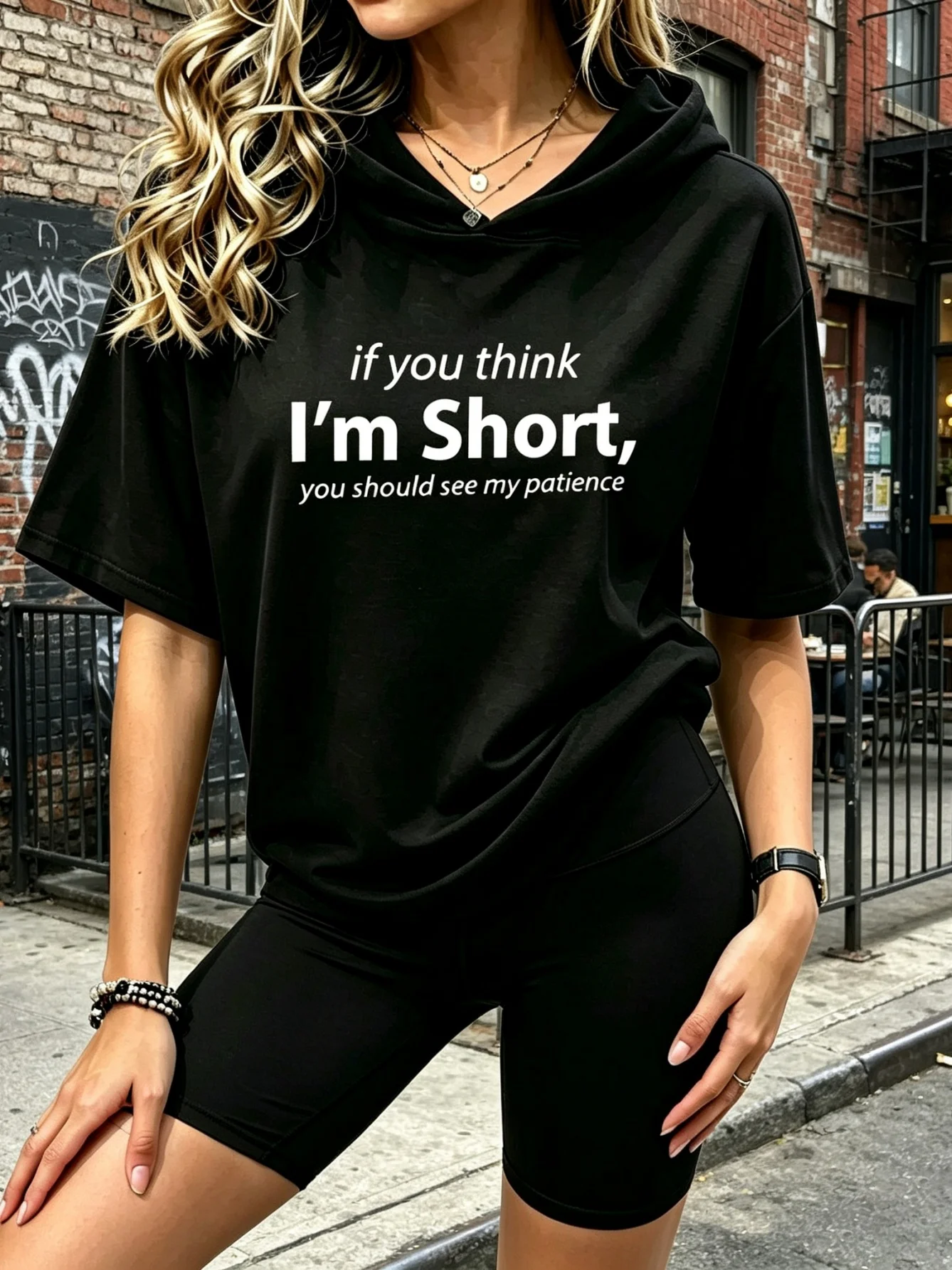 Funny Letter Print Hooded Short Sleeve Top Cycling Shorts Matching Set Streetwear Women