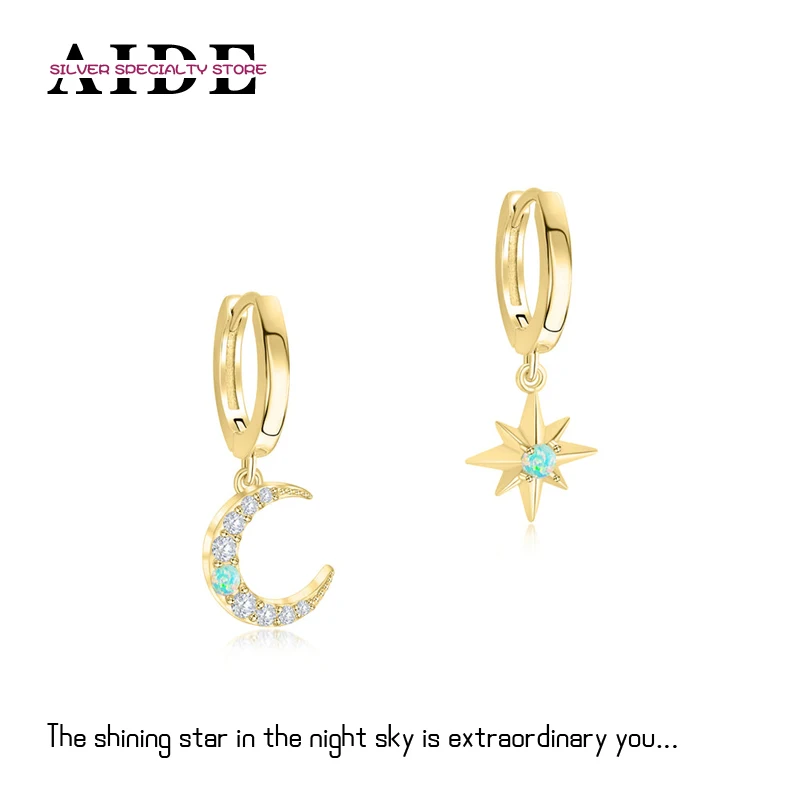 AIDE 925 Silver Sparkling Star & Moon Opal Hoop Earrings For Women Piercing Huggie Earring Gorgeous Jewelry Gifts Broncos Aretes