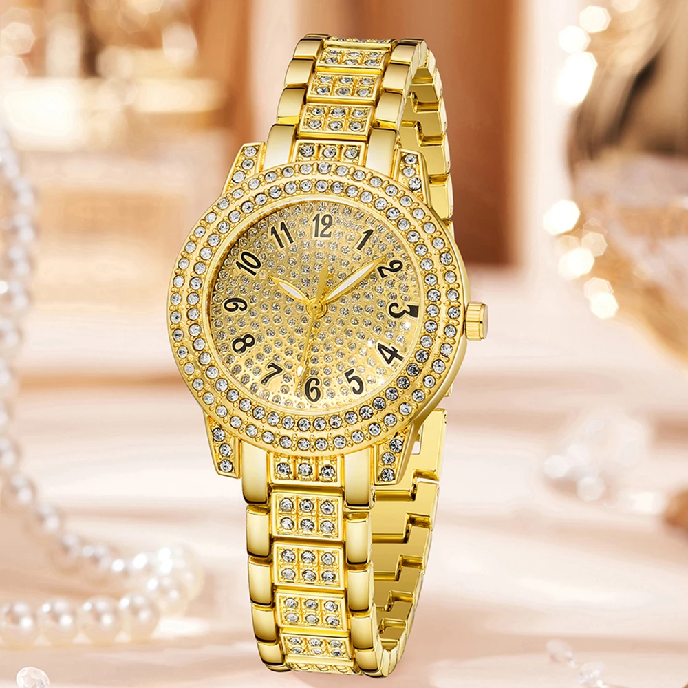 4Pcs/Set Unisex Jewelry Watches Women's Wristwatch Accessories Gold Trendy Fashionable Elegant Classic Exquisite Light Luxury Rhinestone Luxury Roman Numeral Dial Round Dial Quartz Watch Set Y2K Suitable for Travel, Parties, Daily Outfits, Perfect Birthday and Holiday Gift
