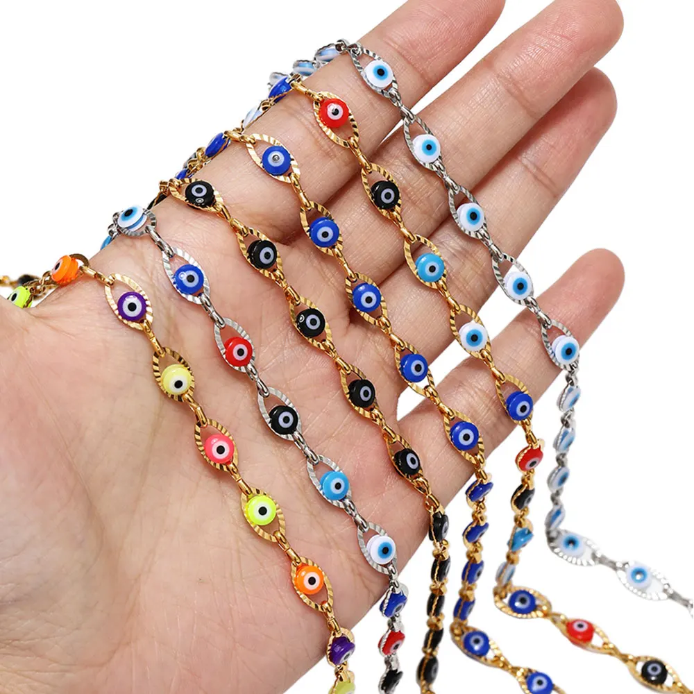 1 Meter Stainless Steel Turkey Eye Charm Link Chains Colorful Eye Beaded Chain for Necklace Bracelet Jewelry Making Components