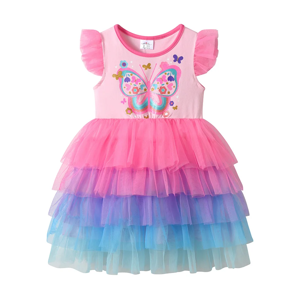 Girls Butterfly Print Tiered Tulle Dress Kids Flutter Sleeve Summer Pink Tutu Vestidos Kids Ombre Party Dance Elegant Outfit