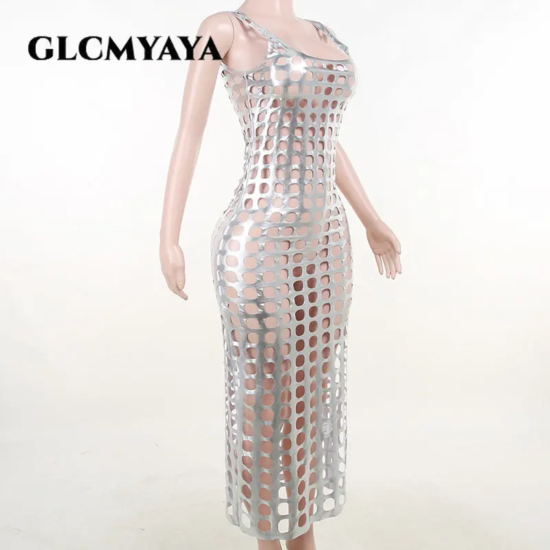 GLCMYAYA Faux Leather Women Cutout Hollow Out Sleeveless Bodycon Midi Dress Maxi 2023 Chic Party Club Even Prom Dresses Vestidos