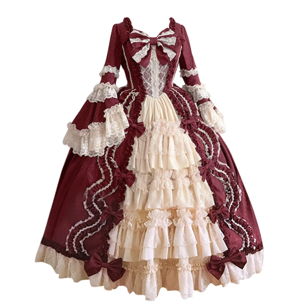 

Stylish Plus Size Dress Women Vintage Square Collar Patchwork Bow Dress Carnival Middle Ages Gothic Court Victoria Dresses