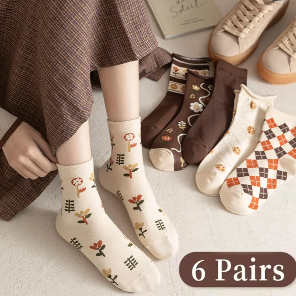 6 Paar Damensocken, japanisch, künstlerisch, Herbst und Winter, schweißabsorbierend, Postpartum-Socken, einfache Mode, lustige Socken für Mädchen