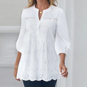 Vêtements d'été pour femmes, blanc, col en v, pull ajouré, manches à neuf Points, chemisier en dentelle, Slim, chemise élégante, tunique
