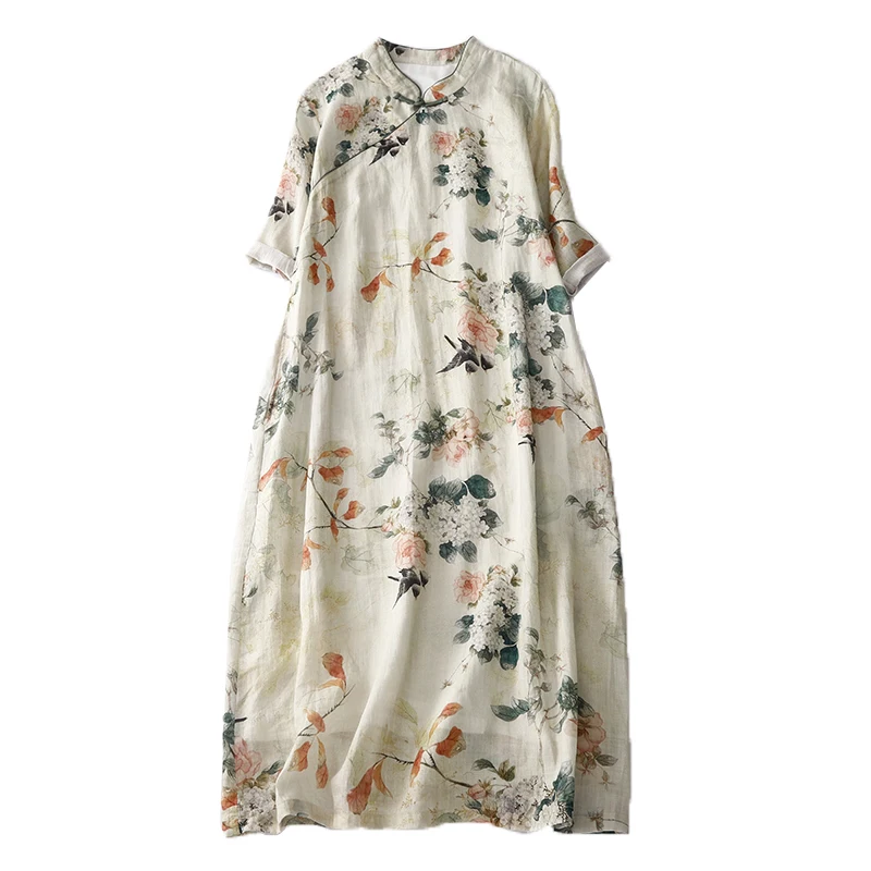 Retro artístico dupla camada emagrecimento Tussah seda Dr com gola assimétrica abotoada na altura do joelho vestido de noite