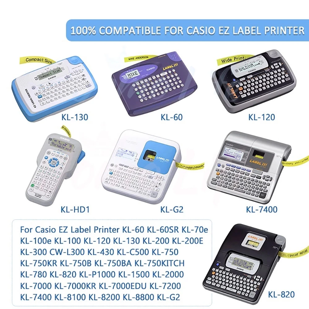 Compatible Casio KL-120 KL-60 KL-100 KL-170 Label Maker 6/9/12mm XR12WE Label Tape for Casio XR-12WE XR-9WE XR-6WE Cartridge