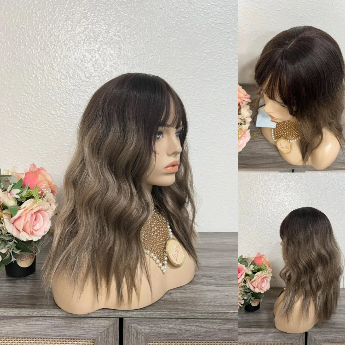 Wig Lace Frontal Ombre Platinum Blonde 13*4 Berkualitas Tinggi, Wig Deep Wave dengan Poni, Penjualan Teratas, Serat Tahan Panas, untuk Penggunaan Sehari-hari dan Pesta