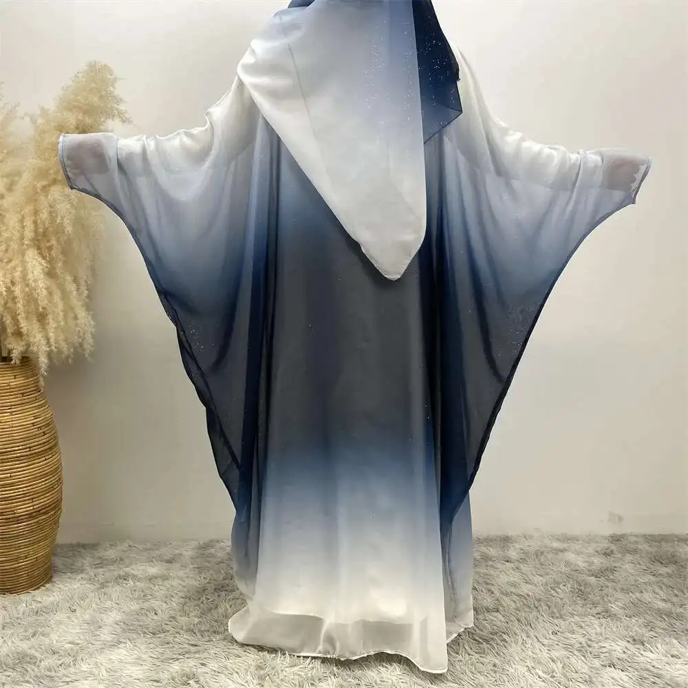 Cardigan en mousseline de soie musulman à la mode, ensemble bandeau manchette chauve-souris dégradé Abaya 67501 Robe Abaya Ramadan dubaï luxe Islam élégant