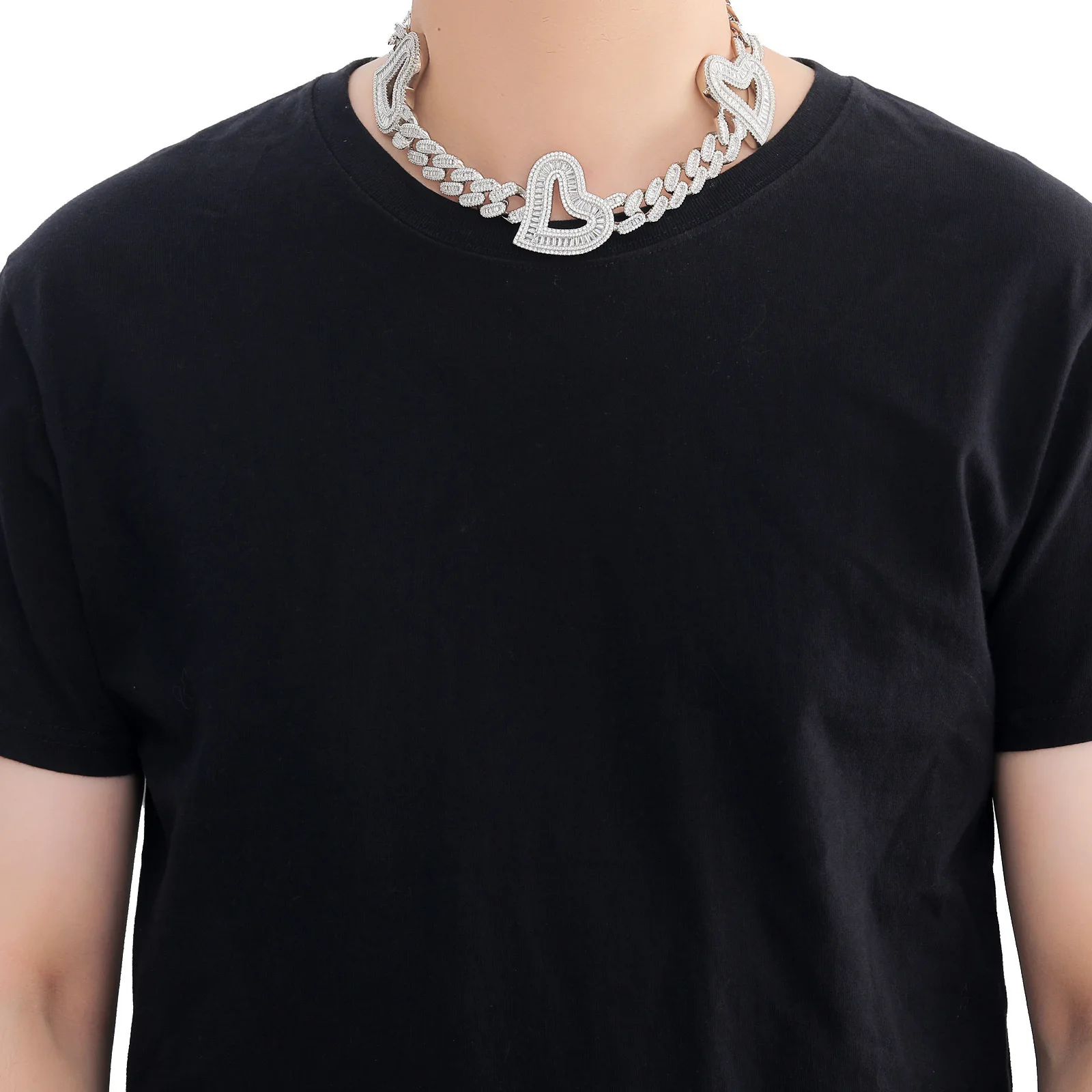 Big Hollow Heart With 16mm Iced Out Cuban Chain Baguette Cubic Zirconia Necklace CZ Choker Fashion HipHop Jewelry For Gift