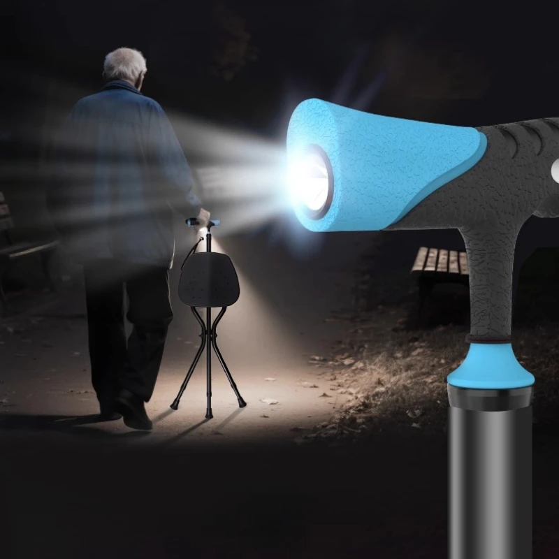 LED Lamps Folding Walking Cane with Seat for Seniors&Adults Adjustable Crutch Chair 300 Lbs Capacity Portable Walking Stick Seat
