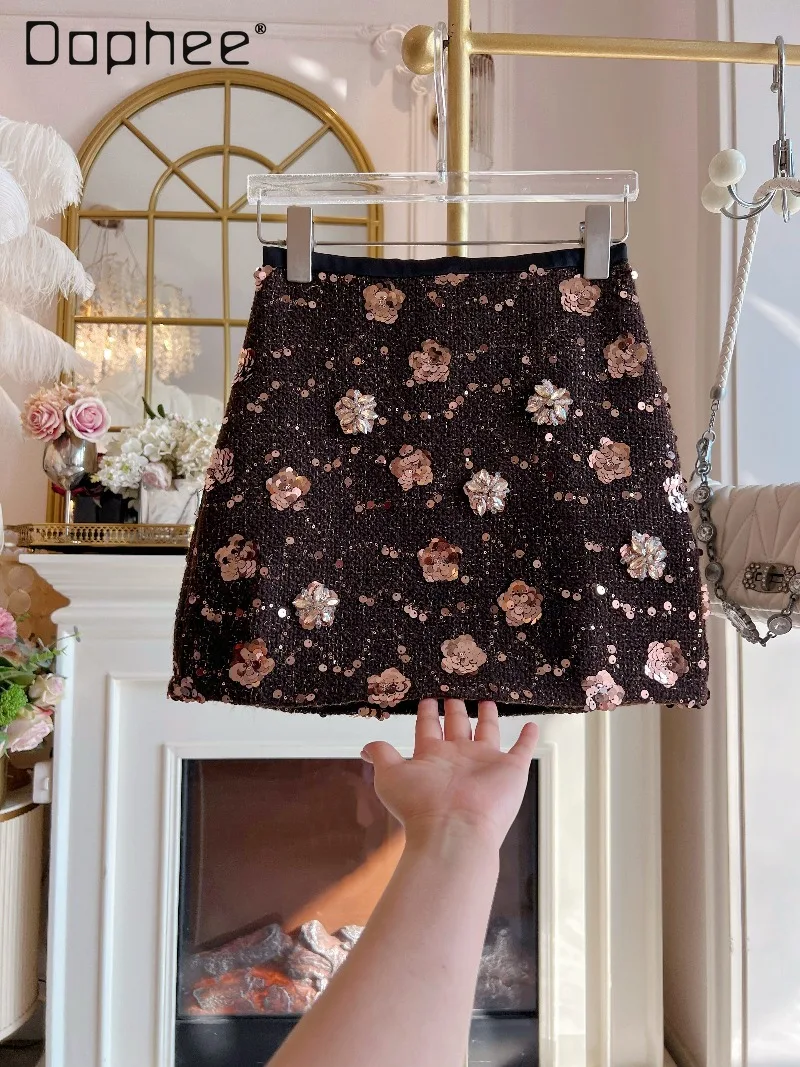 

French Elegant Socialite Tweed Skirt Women Autumn Winter Heavy Embellished Sequin Floral High Waist Slimming Skirts A-line Women