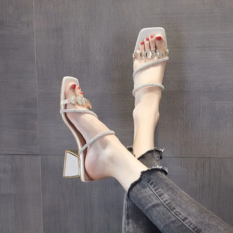 Outside Women's Slippers and Ladies Sandals Blue Heeled Slides Rhenstone Sexy Open Toe Indoor Job Shoes Luxury Casual W I Shoe Y image 6