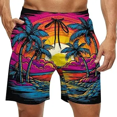 

Men's Retro 3D Print Desert Oasis Tropical Shorts - Vibrant Palm Tree & Sunset Design, Elasticl Shorts for Streetwear,